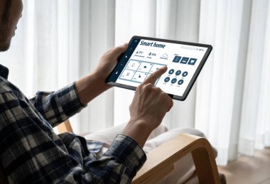 Smart home technology, centric remote control system with digital dashboard for air conditioning, safety security network or house automation. App software, ui panel programming IOT monitor snugly