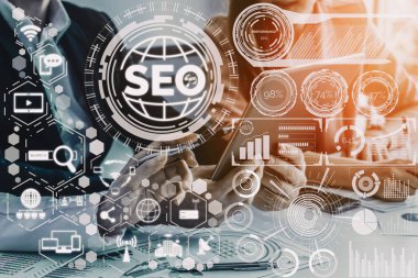 SEO - Çevrimiçi Pazarlama Konsepti için Arama Motoru Optimizasyonu. Müşteri arama ve pazar stratejisini optimize ederek anahtar kelime araştırma web sitesinin tanıtımını gösteren modern arayüz. uds