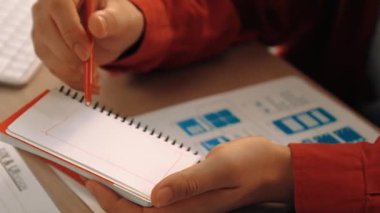 Mobil uygulama için kullanıcı arayüzü prototipi ya da masadaki program modeliyle birlikte web sitesi planlaması yapan bir şirket çalışanı. UX UI tasarımcısı kullanıcı dostu arayüz planını dikkate alır. Sinerjik