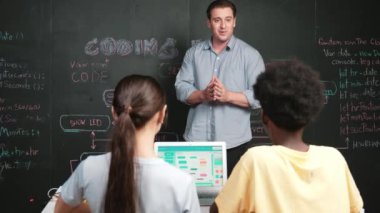 Çeşitli öğrenciler mutlulukla kollarını kaldırırken yakışıklı öğretmen başarılı bir projeyi kutlamak için el çırpıyor. Eğitmen liseli çocukları programlama eğitimine ilham vermek için alkışladı