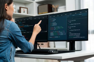 İnternet sitesinde kodlama programı uygulaması olan ve kot gömlek giyen bilgisayar hakkında bilgi veren IT geliştiricisi genç bir Asyalı kız. Güvenlik programlarıyla çevrili iki ekran. Taktik.