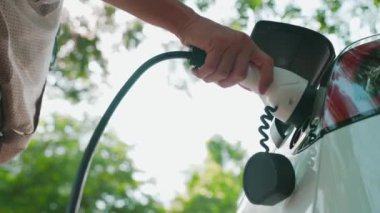 Genç adam, yaz mevsiminde açık yeşil yay yeşilliklerindeki şarj istasyonundan elektrikli araba aküsünü şarj etmek için EV şarj aleti koymuş. Yeniden şarj edilebilir elektrikli araç için sürdürülebilir enerji