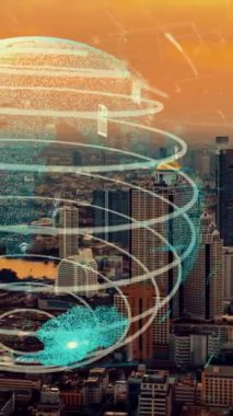 Akıllı şehirde küresel bağlantı ve internet ağı modernizasyonu. Gelecekteki 5G kablosuz dijital bağlantı ve sosyal medya ağı kavramı .