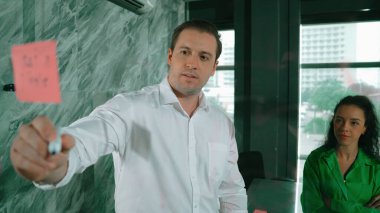 Yetenekli işadamı, cam duvara renkli yapışkan notlar yapıştırarak proje yöneticisine pazarlama fikrini sundu. Proje yöneticisi yatırımcıya projeyi gösteriyor, anlatıyor, gösteriyor. Yönlendirici.