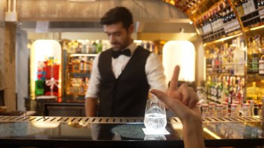 Gece kulübündeki lüks gece kulübünde, içki tezgahında çalışan akıllı barmen servisinde çift ya da arkadaş grubuyla gülen VIP müşterilere özel cin kokteyli servisi. Vinosity.