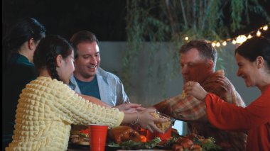 Family gather celebrate holiday. Parents, grandparents and girl together to talk and have dinner party food. Outdoor activity for spending time with multigeneration cross generation gap. Divergence. clipart