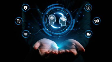 Yapay zeka mühendisliği, büyük veri ve yapay zeka makinesi kavramında yapay zeka beyin işlemcisiyle iş desteği için üretken yapay zeka kullanmayı öğrenen insan etkileşimi. Kullanıcı Kimliği