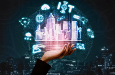 Şeyler ve İletişim Teknolojisi Konsepti İnternet - Ev ve iş kullanımı için uygulama yazılımında akıllı bilgi ve dijital yaşam tarzı gösteren modern grafik arayüzü. uds