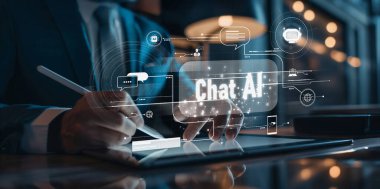 Yapay zeka sanal asistanı Chatbot ile yapay zeka konsepti ile insan etkileşimi, yapay zeka mühendisliği, LLM yapay zeka derin öğrenimi iş desteği için üretken yapay zeka kullanımı. EIDE