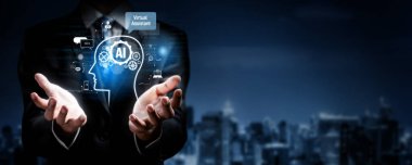 Yapay zeka sanal asistanı Chatbot ile yapay zeka konsepti ile insan etkileşimi, yapay zeka mühendisliği, LLM yapay zeka derin öğrenimi iş desteği için üretken yapay zeka kullanımı. FaaS