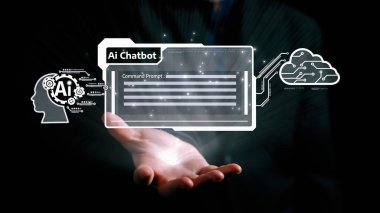 Yapay zeka sanal asistanı Chatbot ile yapay zeka konsepti ile insan etkileşimi, yapay zeka mühendisliği, LLM yapay zeka derin öğrenimi iş desteği için üretken yapay zeka kullanımı. Kullanıcı Kimliği