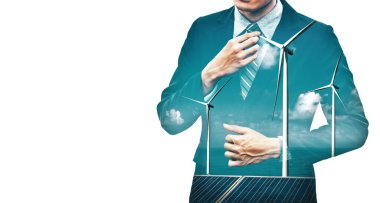 Rüzgar türbini çiftliği ve yeşil yenilenebilir enerji işçisi arayüzü üzerinde çalışan iş adamlarının çifte görüntüsü. Alternatif enerji ile sürdürülebilirlik gelişimi kavramı. uds