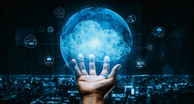 İş ağı konsepti için bulut bilgisayar teknolojisi ve çevrimiçi veri depolama. Bilgisayar, bulut veri transferi için internet sunucusuna 3 boyutlu fütüristik grafik arayüzü ile bağlanır. uds