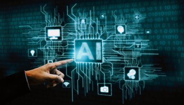 AI Öğrenme ve Yapay Zeka Kavramı - Bilgisayar, makine düşünme ve Dijital Robot Aygıtların Yapay Zeka Arayüzünü gösteren Simge Grafiksel Arayüzü.