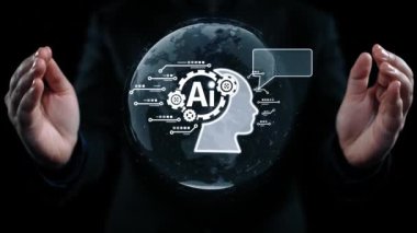 Yapay zeka mühendisliği, büyük veri ve yapay zeka makinesi kavramında yapay zeka beyin işlemcisiyle iş desteği için üretken yapay zeka kullanmayı öğrenen insan etkileşimi. Kullanıcı Kimliği