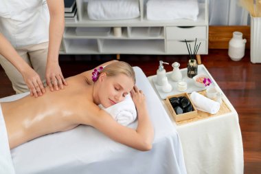 Kafkasyalı kadın müşteri stres önleyici spa masajının keyfini çıkarıyor ve lüks otel ya da oteldeki gündüz açık ortam güzellik salonunda güzellik teniyle eğleniyor. Sessiz.