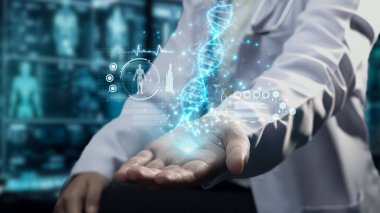 Close up of professional doctor sitting and showing DNA sample hologram floating at hospital with blurring background. Medical worker checking DNA technology and examining genetic disorder. Remedial. clipart