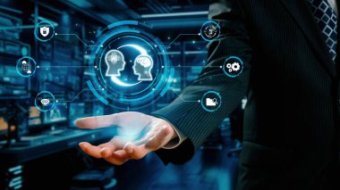 Yapay zeka mühendisliği, büyük veri ve yapay zeka makinesi kavramında yapay zeka beyin işlemcisiyle iş desteği için üretken yapay zeka kullanmayı öğrenen insan etkileşimi. Kullanıcı Kimliği