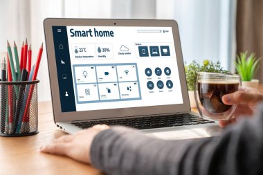 Smart home technology, centric remote control system with digital dashboard for air conditioning, safety security network or house automation. App software, ui panel programming IOT monitor snugly