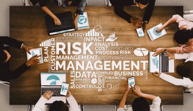 Risk Management and Assessment for Business Investment Concept. Modern interface showing symbols of strategy in risky plan analysis to control unpredictable loss and build financial safety. uds clipart