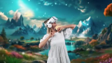 Heyecanlı bir şekilde gülümseyen kadın, VR tarafından çevrelenmiş muhteşem peri masalı dağ buzu harikalar diyarı buhar sularında kar yağışı kışın meta sihirli dünya gizemli fantezi ormanı. Kısıtlanma.