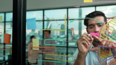 Akıllı proje yöneticisi cam duvara yapışkan notlar ve planlama stratejisi için zihin haritası yazarken, aynı zamanda çok kültürlü iş adamları da şehir manzaralı iş planlarını tartışıyorlar. İzleme