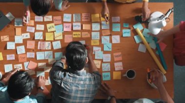 Yetenekli pazarlama ekibinin fikir paylaşmak için yapışkan notları kullanması. Bir grup iş adamının bir yandan strateji planlarken bir yandan da beyin fırtınası yapmak için birlikte çalıştıklarına dair hava görüşü. Sempozyum.