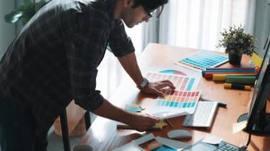 İç mimar dizüstü bilgisayarı, bilgisayarı ve kâğıdı olan toplantı masasında palete bakarken dizüstü bilgisayara bakıyor ve renk tasarlıyor. Renk tasarımı üzerinde çalışan iş adamına yakın çekim. Sempozyum.