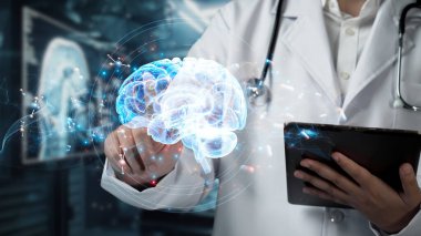 Akıllı doktorun tablet tutmasına ve laboratuvarda bulanık bir geçmişi olan beyin hologramını tutmasına yakın çekim. Sağlık çalışanı beyin ameliyatına hazırlanıyor. Nörolojik bilim tasarımı. İyileştirici.