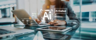 Yapay zeka sanal asistanı Chatbot ile yapay zeka konsepti ile insan etkileşimi, yapay zeka mühendisliği, LLM yapay zeka derin öğrenimi iş desteği için üretken yapay zeka kullanımı. EIDE