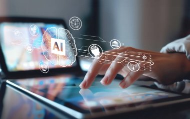 Yapay zeka mühendisliği, büyük veri ve yapay zeka makinesi kavramında yapay zeka beyin işlemcisiyle iş desteği için üretken yapay zeka kullanmayı öğrenen insan etkileşimi. EIDE