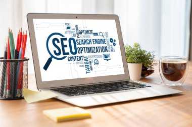 Model e-ticaret için SEO arama motoru optimizasyonu ve bilgisayar ekranında gösterilen çevrimiçi perakende işi