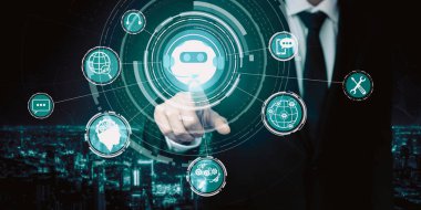 Al Chatbot akıllı dijital müşteri hizmetleri uygulaması konsepti. Bilgisayar ya da mobil aygıt uygulaması kullanılıyor. Yapay zeka sohbet botu otomatik olarak çevrimiçi iletiye cevap veriyor.