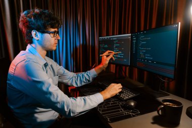 Bilgisayardaki yazılım geliştirme kodlamasını yan görüntüde pc ekranda gösteren IT geliştiricisi, neon modern ofisteki web sitesinde en son sürüm uygulaması için tasarlanmış yeni bir program üzerinde çalışıyor. Toplayıcı.