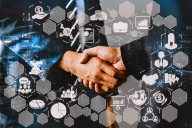 Finans ve Para İşlem Teknolojisi Konsepti. Modern bilgisayar uygulamasında fintech ticaret alışverişini, kar istatistik analizini ve pazar analisti hizmetini gösteren simge grafik arayüzü.