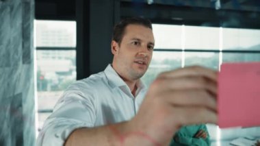 Yetenekli işadamı, cam duvara renkli yapışkan notlar yapıştırarak proje yöneticisine pazarlama fikrini sundu. Proje yöneticisi yatırımcıya projeyi gösteriyor, anlatıyor, gösteriyor. Yönlendirici.