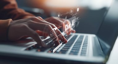 Yapay zeka sanal asistanı Chatbot ile yapay zeka konsepti ile insan etkileşimi, yapay zeka mühendisliği, LLM yapay zeka derin öğrenimi iş desteği için üretken yapay zeka kullanımı. EIDE