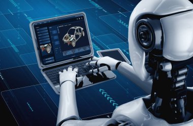 Bilgisayar ekranındaki elektrikli araba tasarım yazılımı, simülasyon taslağını 3D resim hazırlama için dijital hesaplama uygulaması ile rahat bir şekilde gösteriyor