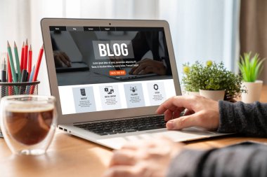 blogging concept, web blog Social Media Information network snugly. social media online content, freelance worker, working online, content creator, blogger, website, reading blog online on computer