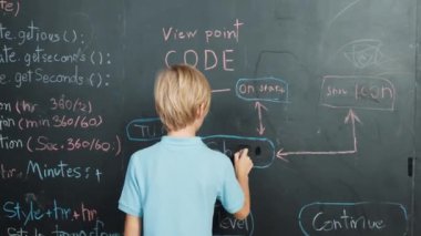 Tahtaya yazı yazan öğrencilerin arka planı. Yakışıklı zeki çocuk ya da çocuk BTMM teknoloji sınıfında kodlama ve programlama sistemi kullanarak bir proje planlıyor. - Yakın çekim. Etkinlik.