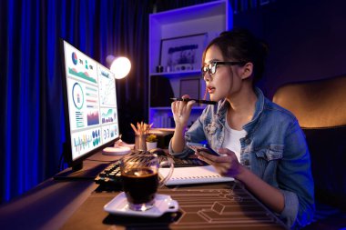 Sunucu kanalı Asyalı etkileyicisi, sosyal medyada kulaklık takarak iş grafikleri ekranında dinleyicileri selamlıyor ve Neon Modern Stüdyoları 'nda internet üzerinden koçluk yapıyor. Taktik.