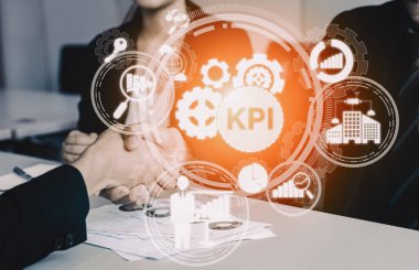 KPI İş Konsepti Performans Göstergesi - KPI yönetiminin pazarlanması için iş hedefi değerlendirmesinin sembollerini ve analitik numaralarını gösteren modern grafik arayüzü.