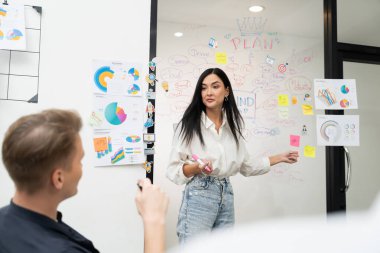 Kafkasyalı genç bir yönetici, iş sorularını güvenle cevaplarken zihin haritası, grafik kullanarak pazarlama stratejisi sunuyor. Takım çalışması, beyin fırtınası, tartışma konsepti. Tertemiz..