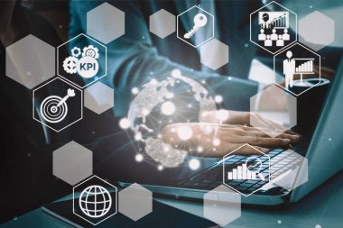 KPI İş Konsepti Performans Göstergesi - KPI yönetimi için iş hedefi değerlendirme sembolleri ve analitik numaralar gösteren modern grafik arayüzü. uds