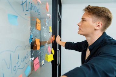 Kafkasyalı profesyonel iş adamının zihin haritası ve renkli yapışkan notlar kullanarak iş pazarlama fikrini kendine güvenle sunuşunun yakın görüntüsü. Proje konseptini başlat. Portre. Tertemiz..