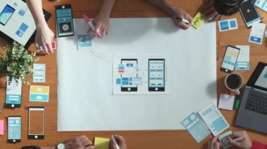 Profesyonel geliştirici ekip Ux Ui tasarımı fikrini zihin haritası kullanarak paylaşıyor. Bir grup iş adamının beyin fırtınası yapmak ya da cep telefonu arayüzü uygulamasını planlamak için birlikte çalıştıklarını görüyoruz. Cemaat.