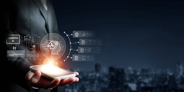 Yapay zeka sanal asistanı Chatbot ile yapay zeka konsepti ile insan etkileşimi, yapay zeka mühendisliği, LLM yapay zeka derin öğrenimi iş desteği için üretken yapay zeka kullanımı. FaaS