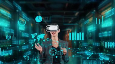 Kadın muhabir, VR 'nin gelecekteki küresel yenilik iş arayüzü dijital bilgi ağı teknolojisi görsel hologram animasyonunun pazar veri grafiği analizini dağıttığı haberini sunuyor. Kısıtlanma.