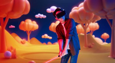 Metaverse 'te golf oynarken VR gözlük takan yetenekli bir oyuncu ya da mor gökyüzü olan golf sahası. Simülasyon dünyasına girerken spor yapan çekici bir golfçü ya da sporcu. Yaratıcılık.
