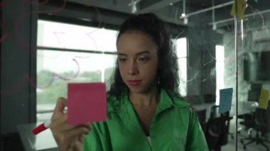 Fikirlerini paylaşmak için cam duvara yapışkan notlar yapıştıran zeki, yetenekli İspanyol menajer. Ofisteki cam tahtada yapışkan notlar kullanarak iş planı yapan profesyonel bir iş kadını. Yönlendirici.